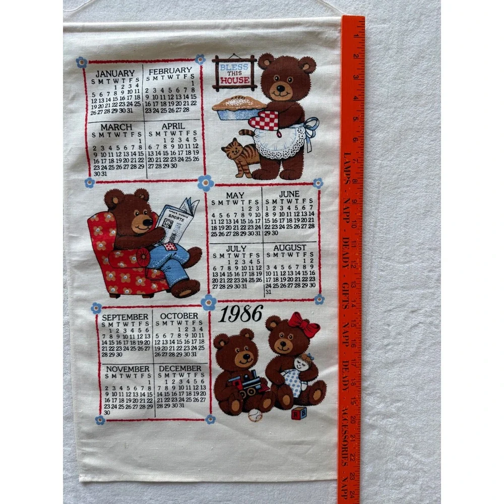 Vtg 1986 Bless This House Mama Papa Baby Bears Calendar Linen Tea‎ Towel